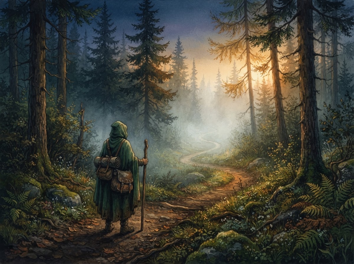 A lone traveler at dawn standing at the start of a winding forest path that disappears into soft mist