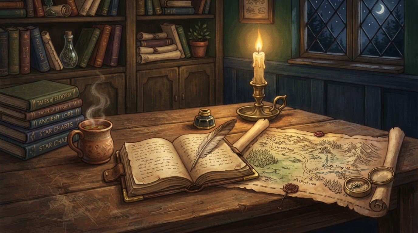 A cozy fantasy study at night with an open journal, a quill, and a quest map on a candlelit desk