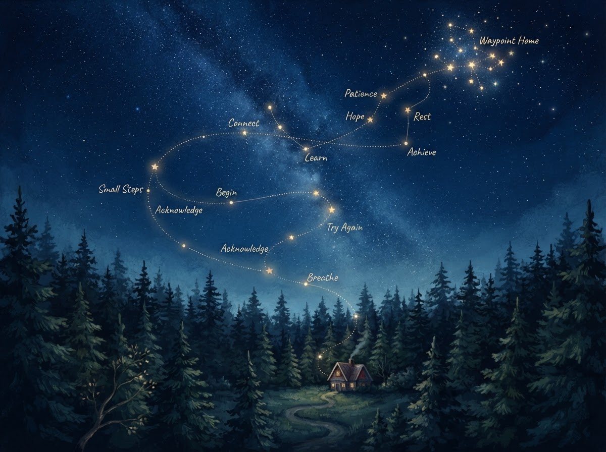 A constellation of small glowing waypoints connected by a faint dotted trail across a midnight-blue night sky above a pine forest