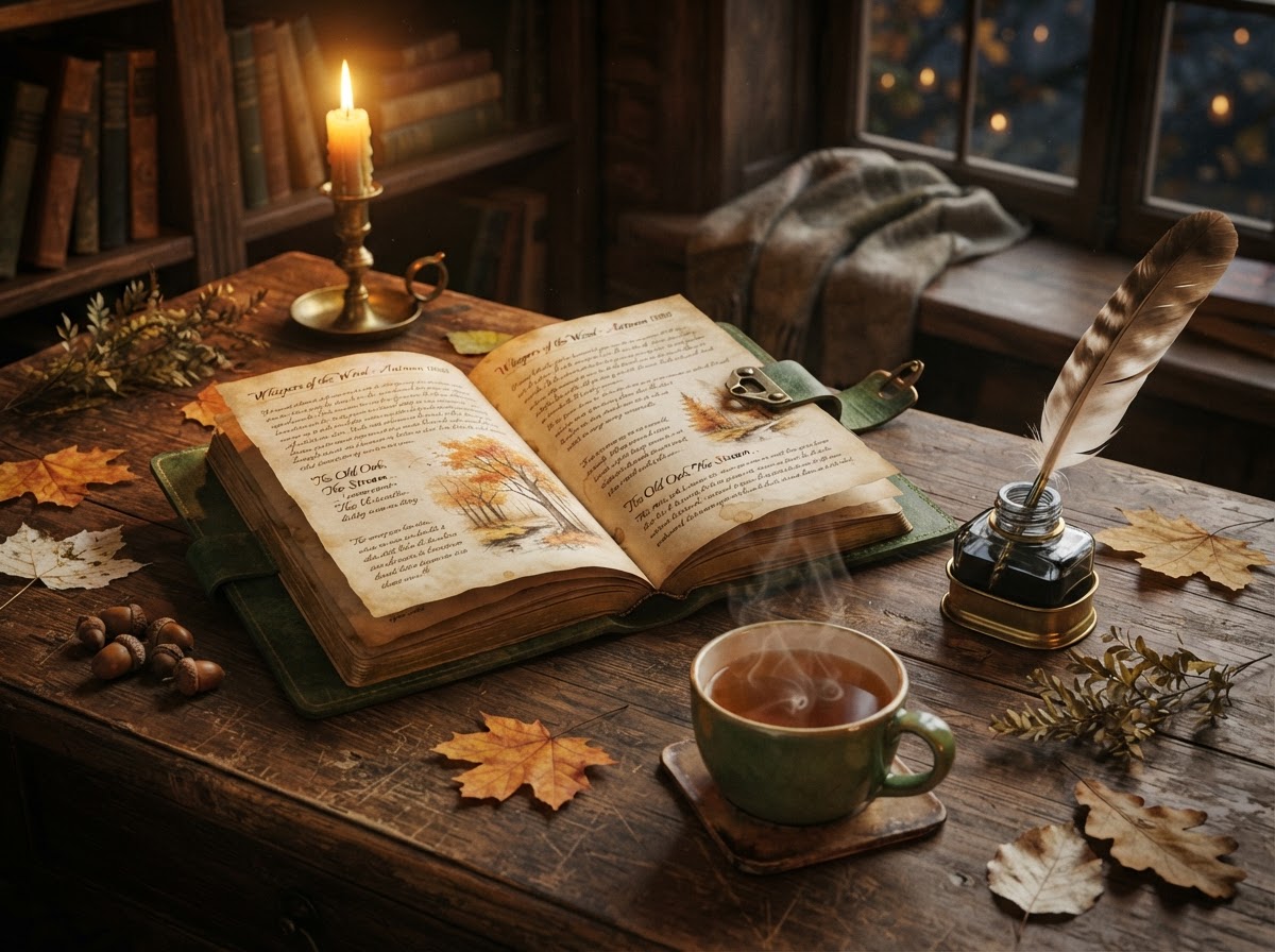 An open leather journal with a quill resting in an inkwell and a steaming cup of tea on a candlelit desk