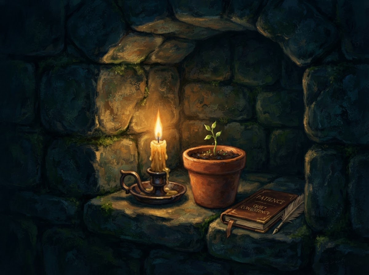 A single candle glowing beside a small green sprout growing in a clay pot