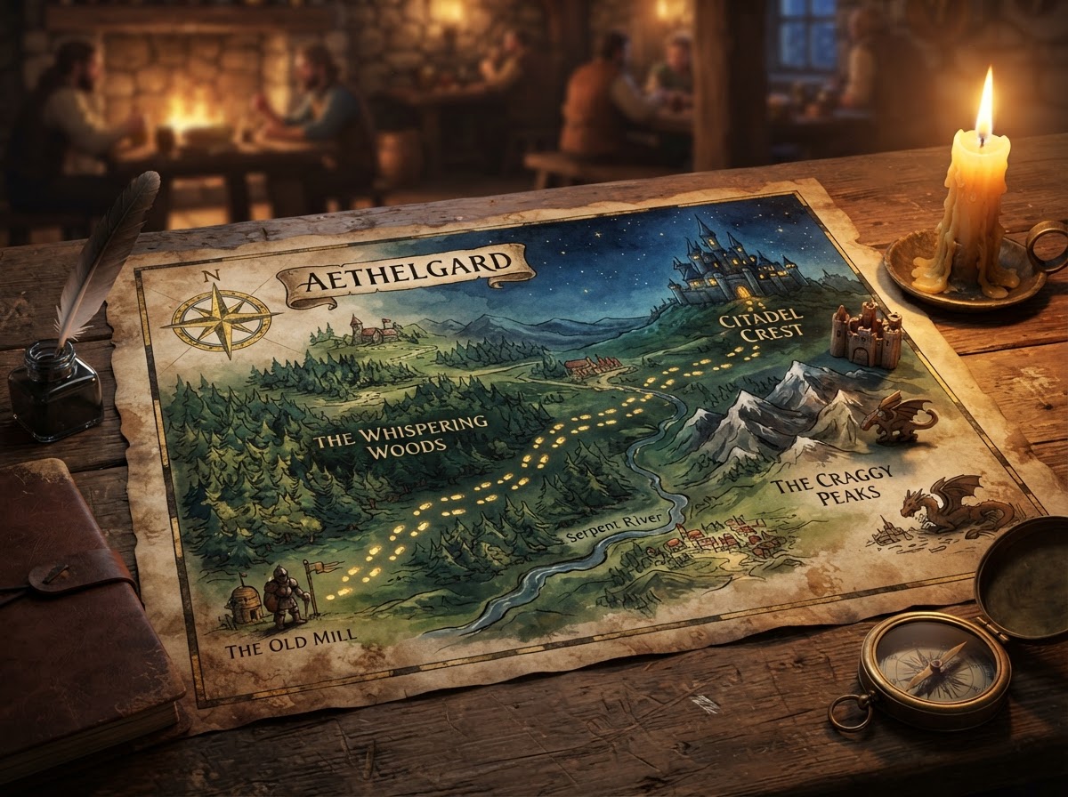 An illustrated fantasy quest map with a trail of glowing footprints leading toward a distant castle on a hill