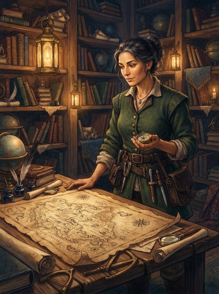 Elara, an AI fantasy guide, beside an illuminated map table in a warm library