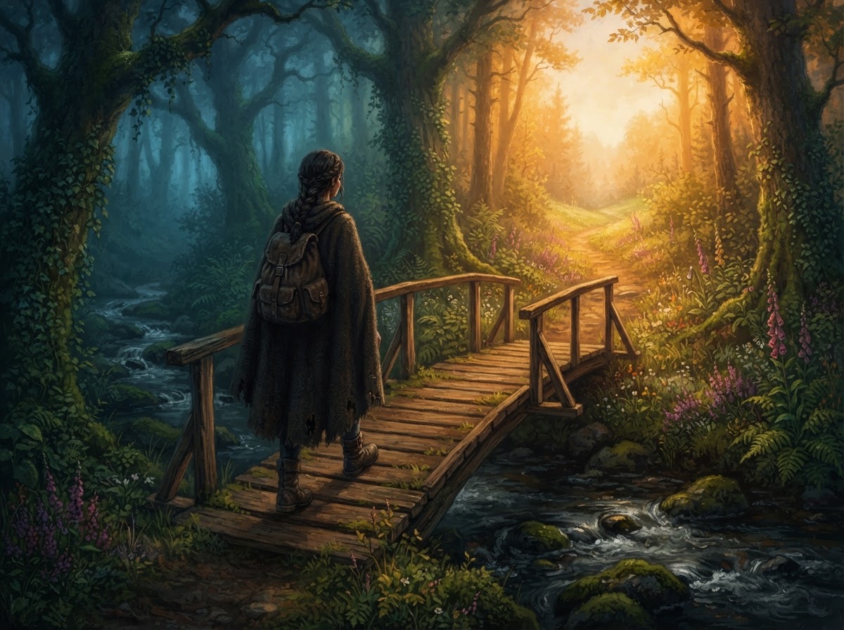 A small wooden bridge over a misty stream leading out of soft fog into warm golden light