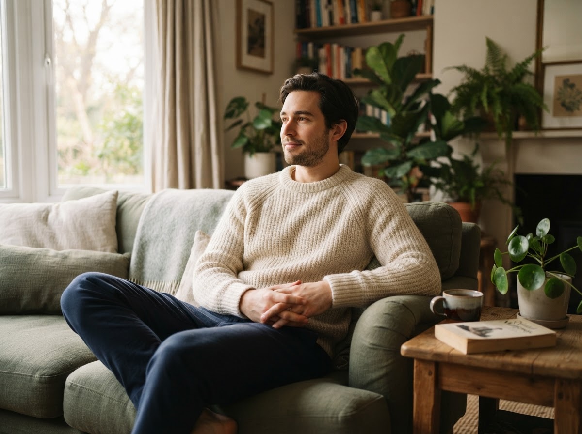 An adult relaxing comfortably at home