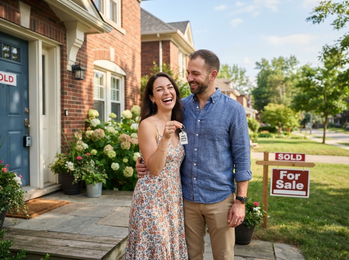 A happy couple in front of the home they just sold for cash