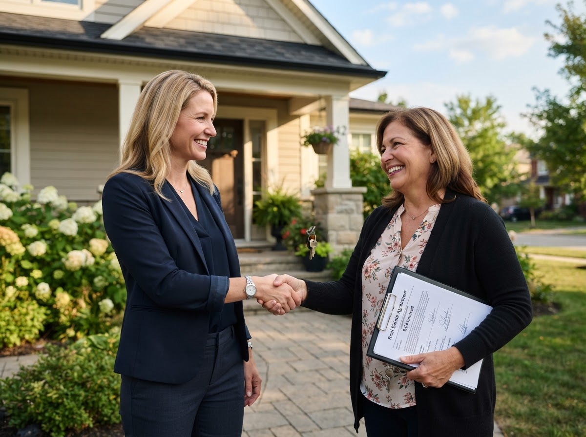 A Neamatalla Properties LLC D.B.A 850 Home Buyers investor shaking hands with a happy homeowner in front of their house
