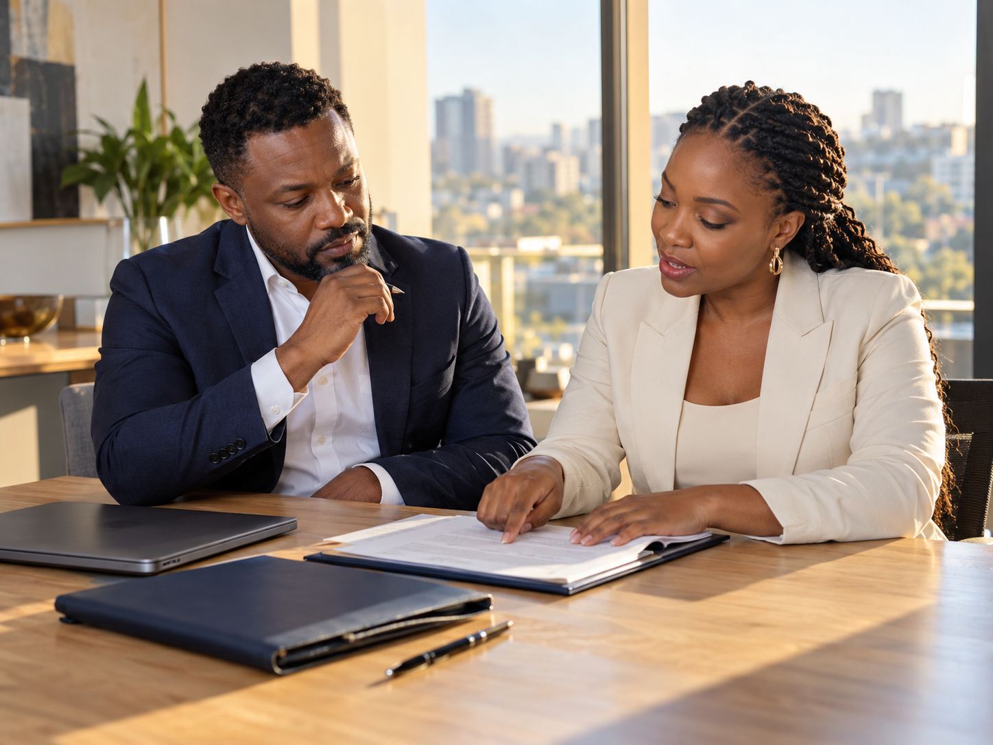 Legal adviser and business client reviewing contracts