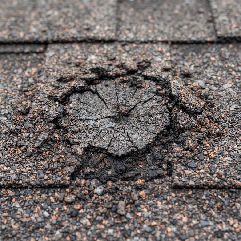 Close-up of an asphalt shingle showing hail bruising and granule loss