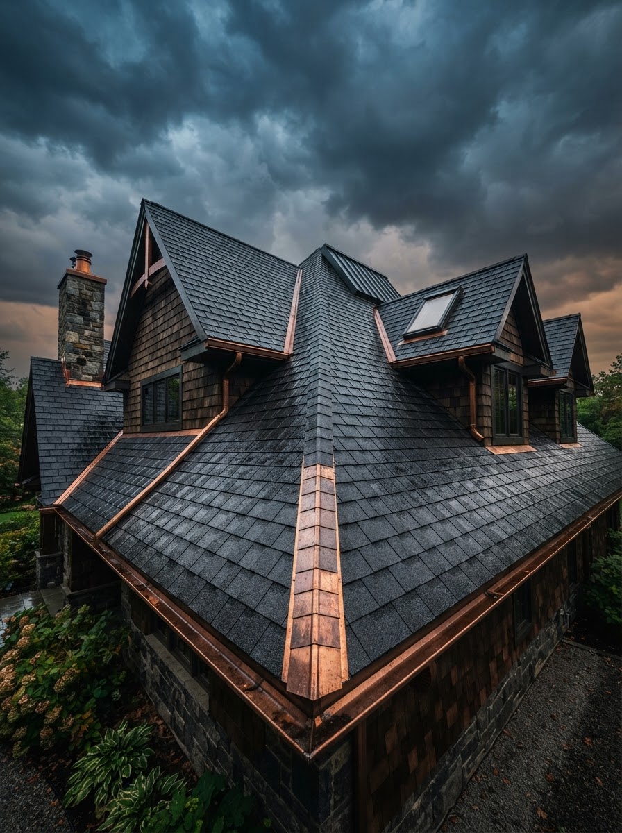 A residential roof under a moody, just-after-the-storm sky
