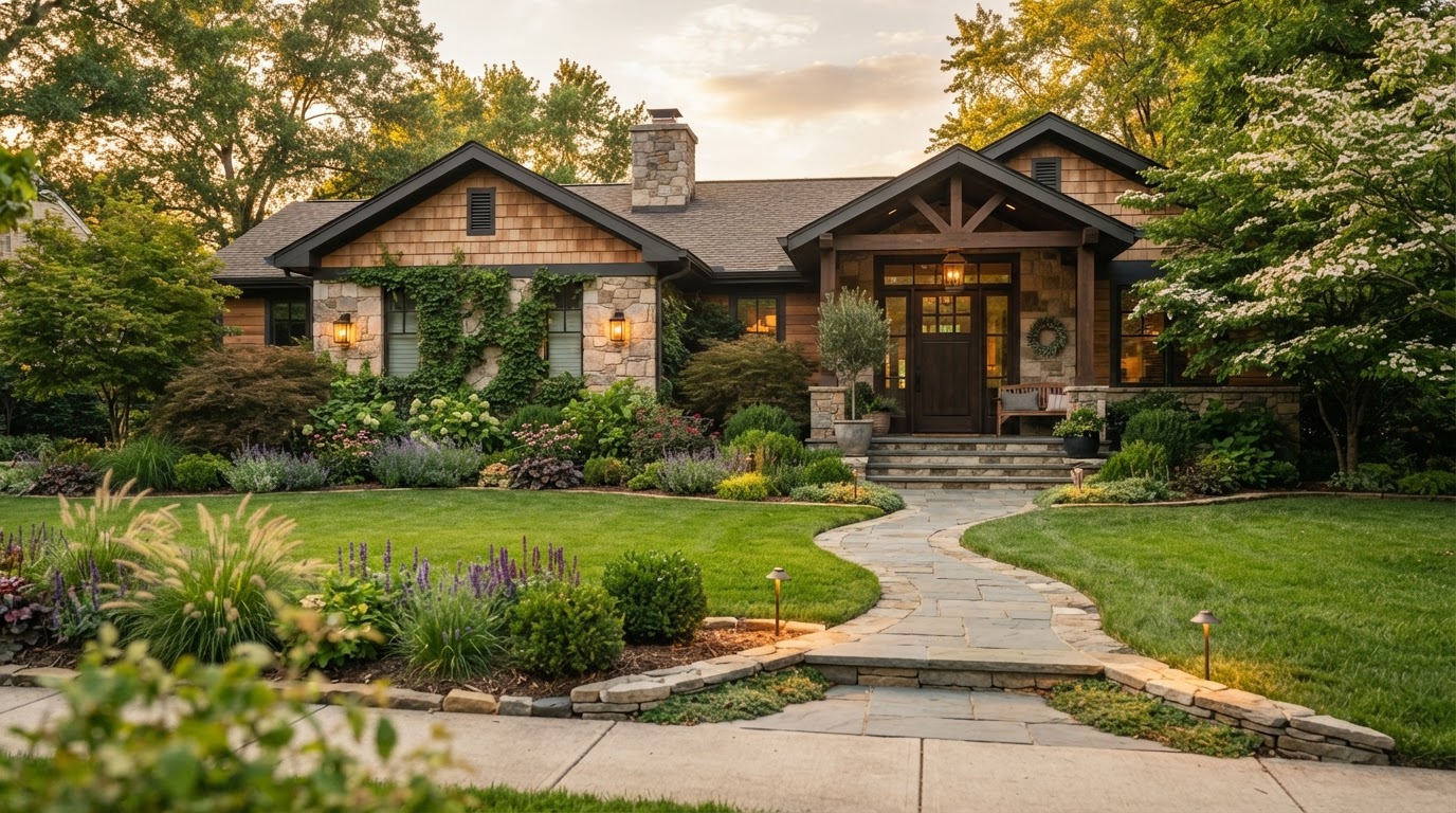 A professionally landscaped front yard at golden hour