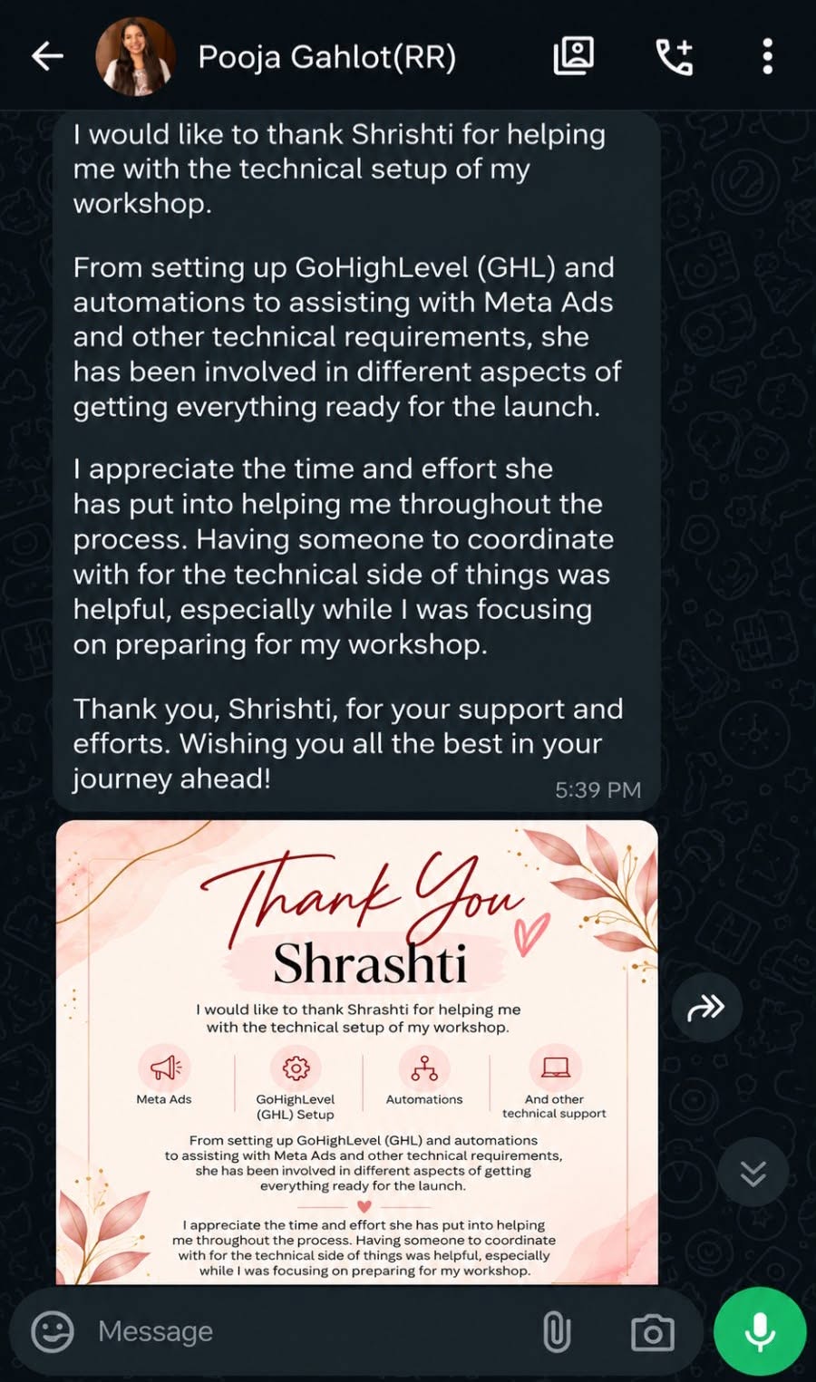WhatsApp screenshot of client feedback from Pooja Gahlot