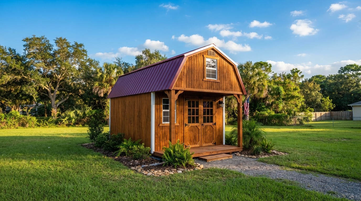 Red metal roof lofted barn shed under a blue Florida sky
