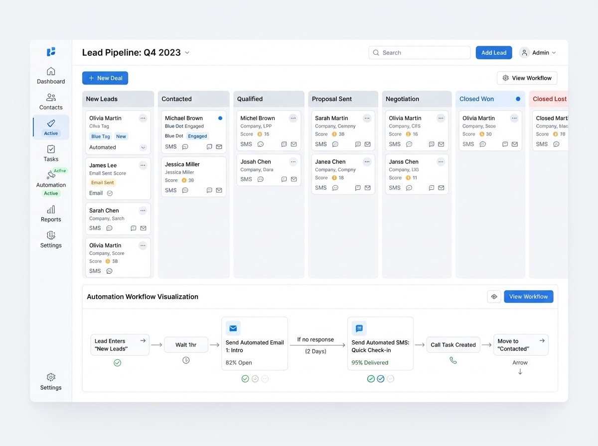CRM lead pipeline and follow-up automation interface