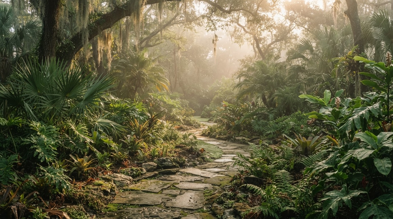 A tranquil Florida garden at dawn with soft morning mist and lush greenery