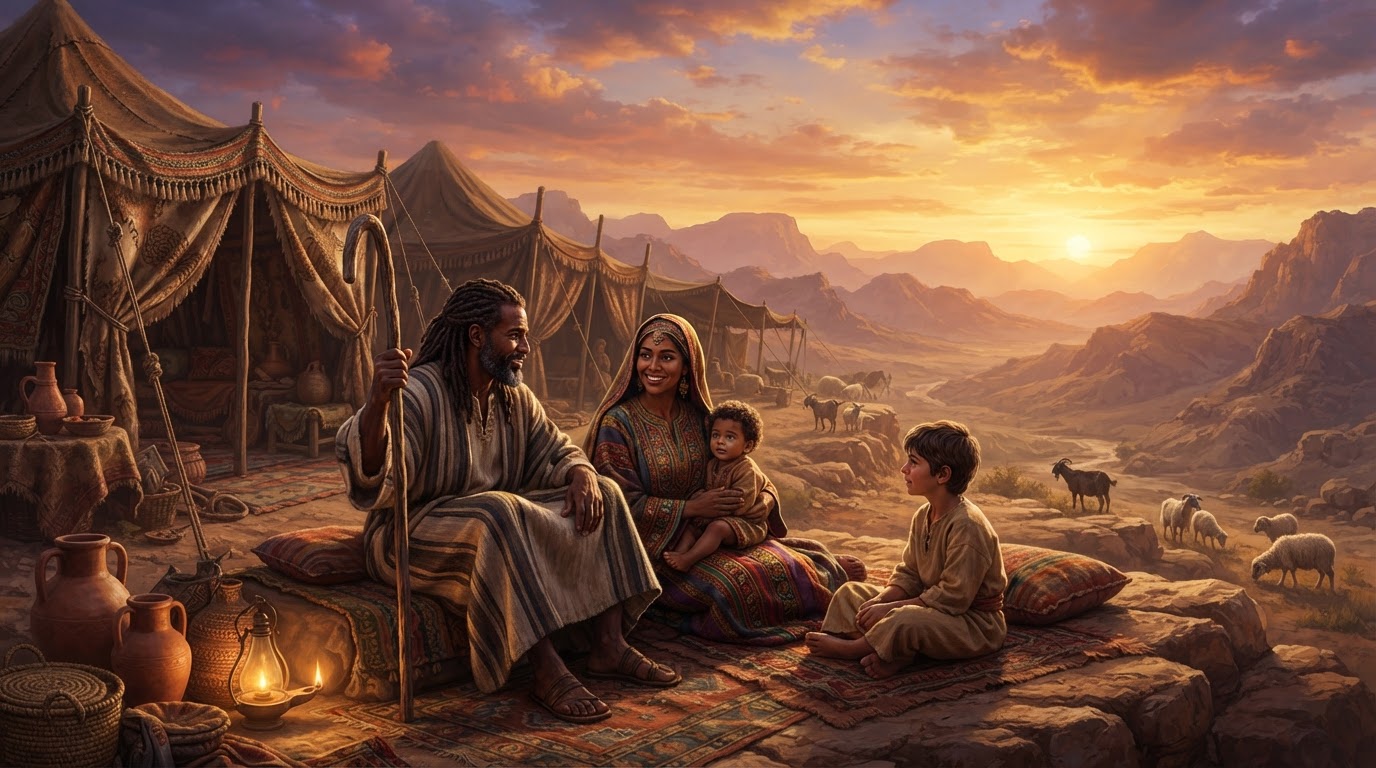 Moses and his Midian family at the mountain tents during golden sunset