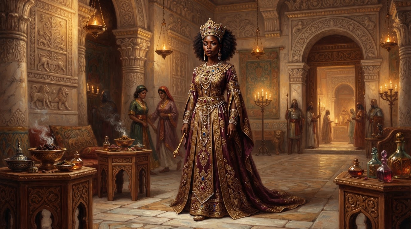 Queen Esther in the Persian Palace of Susa with perfume, myrrh and carved stone