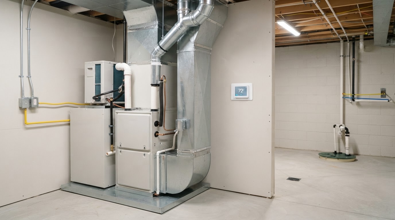 Residential forced-air furnace and central air conditioning unit in a clean basement utility room