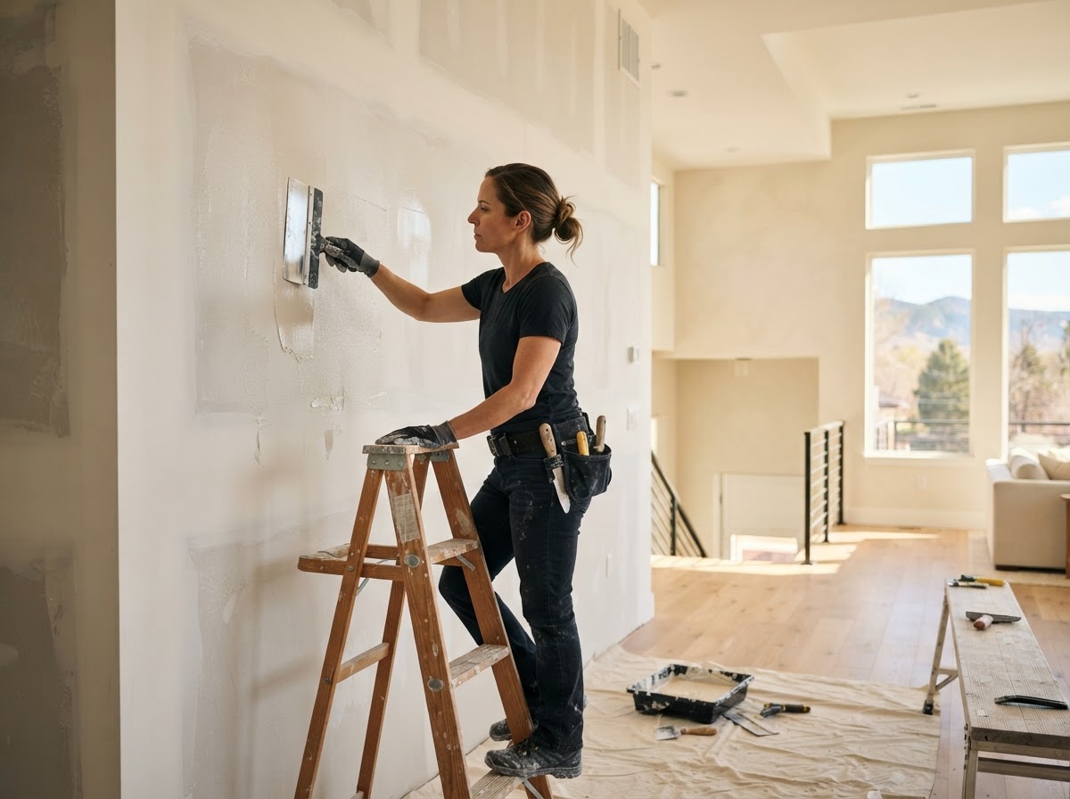 Painter applying texture to drywall