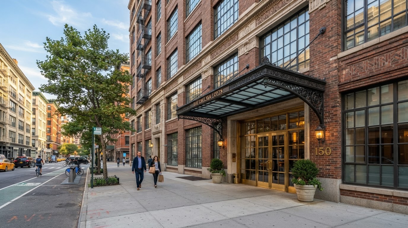 150 West 26th Street building entrance and loft facade in Chelsea Manhattan