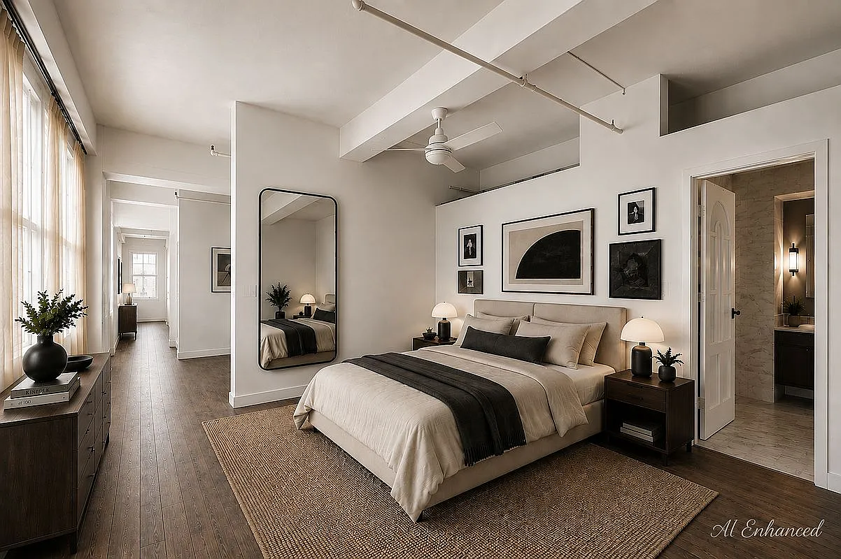 Staged primary bedroom suite with oversized arched mirror, neutral linen bedding and ensuite bath