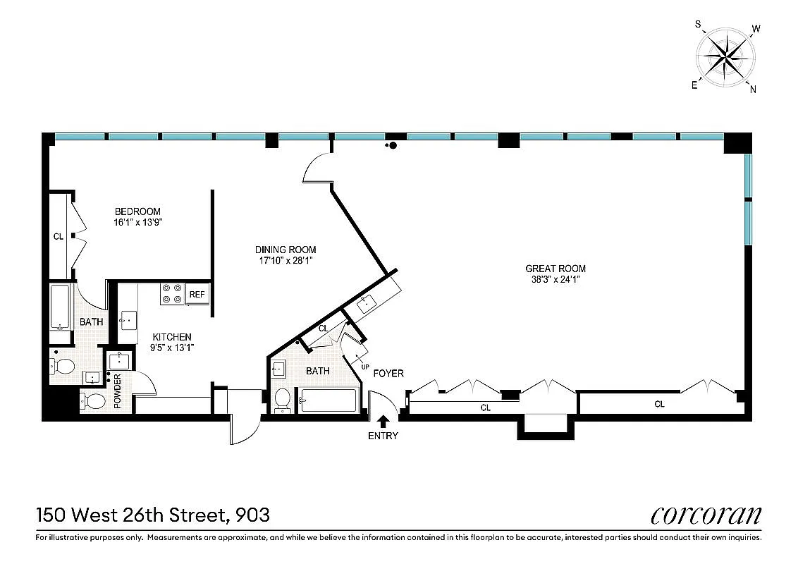 Current architectural floor plan for 150 West 26th Street Apt 903 showing massive Great Room 38'3" x 24'1", Dining Room, Bedroom, Kitchen, 2 Full Baths, Powder Room, and entry foyer