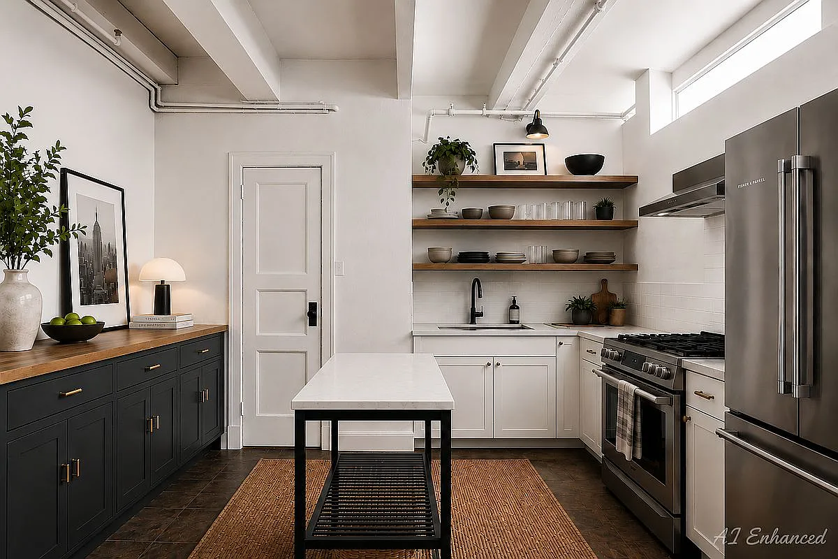 Designer chef's kitchen with butcher block and marble island, matte charcoal cabinetry and premium range