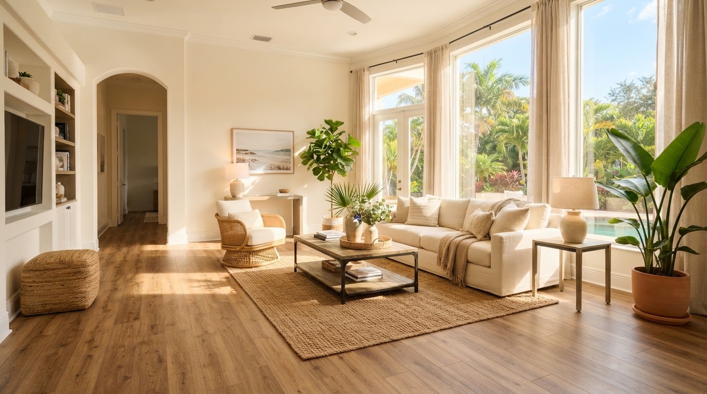 Premium warm living room with beautiful wide-plank wood-look flooring