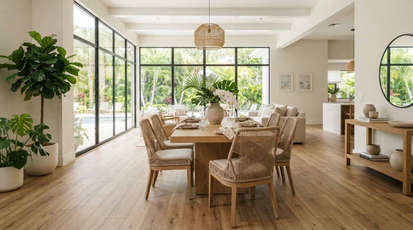 Bright, open dining room with beautiful warm oak wood-look flooring