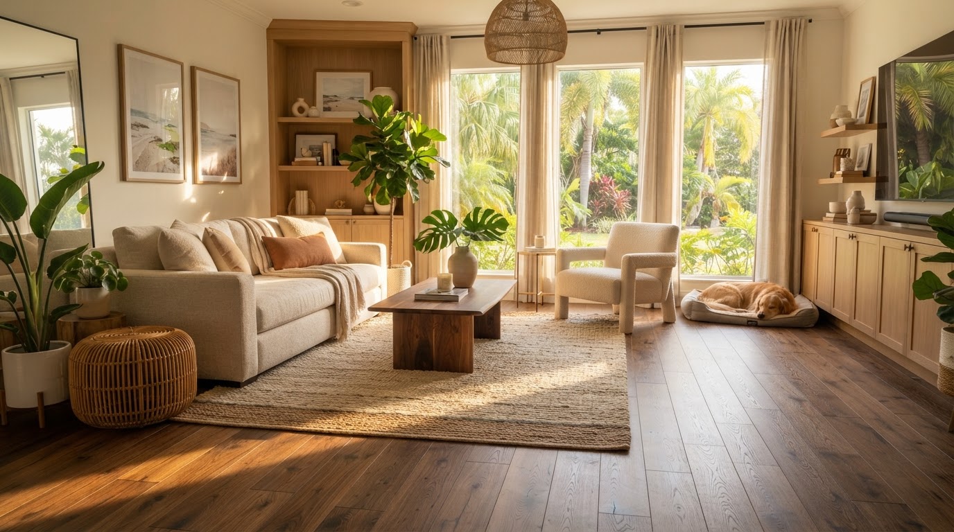 Elegant living room with rich dark walnut wide-plank wood-look flooring