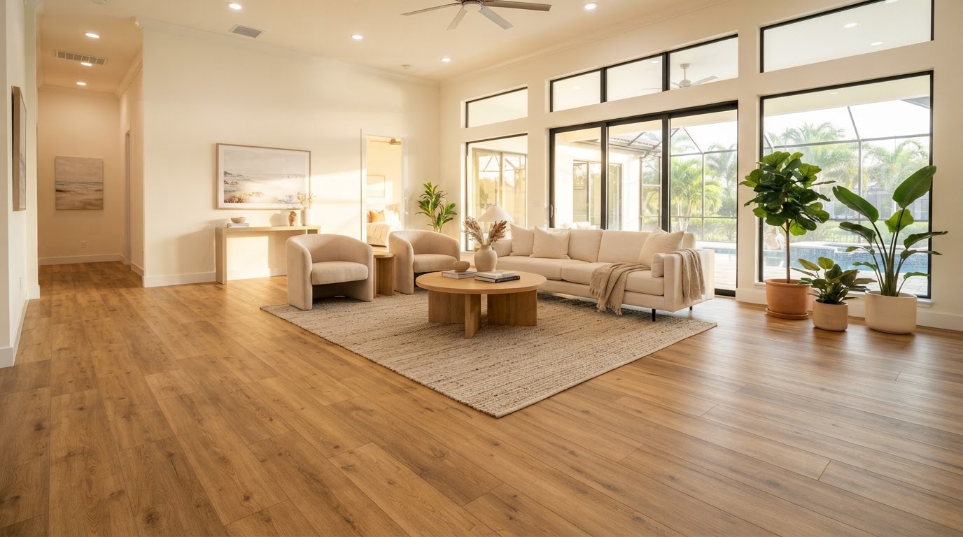Bright, sunlit Orlando living room with beautiful wood-look flooring