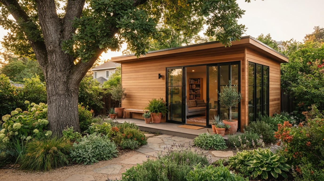 Modern backyard accessory dwelling unit at golden hour