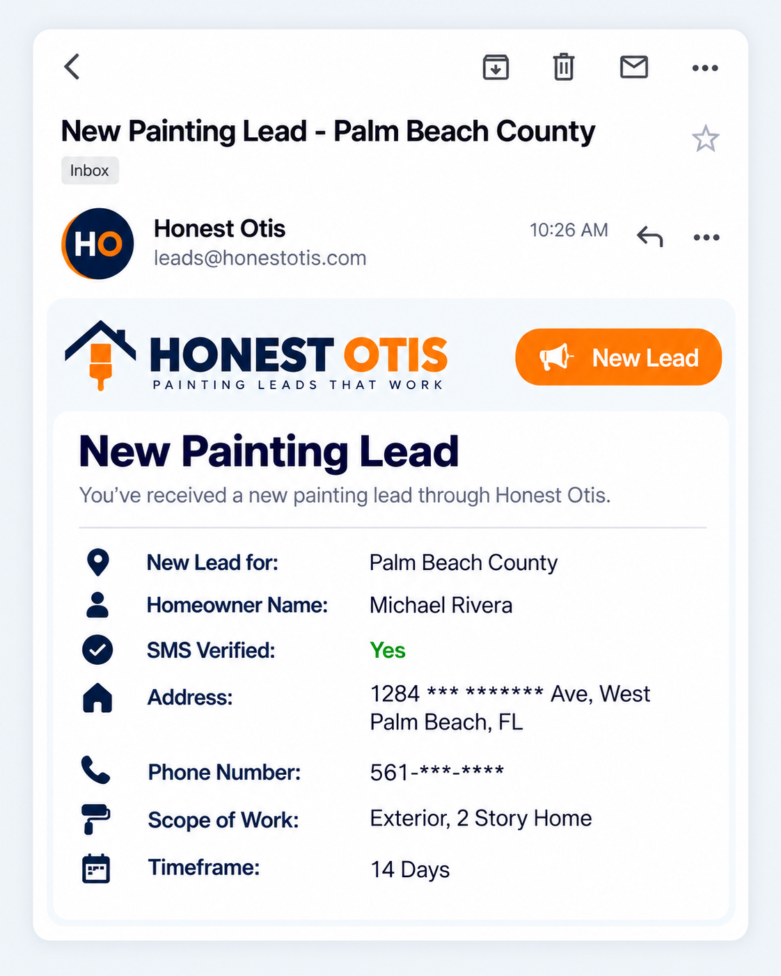 Honest Otis formatted email lead notification