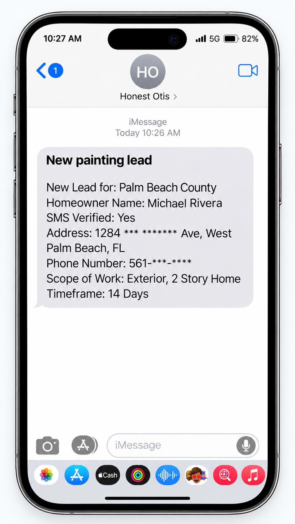 Honest Otis SMS text message lead notification on an iPhone