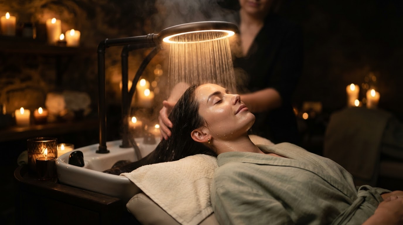 Woman reclining at a luxury head spa basin in a candlelit room