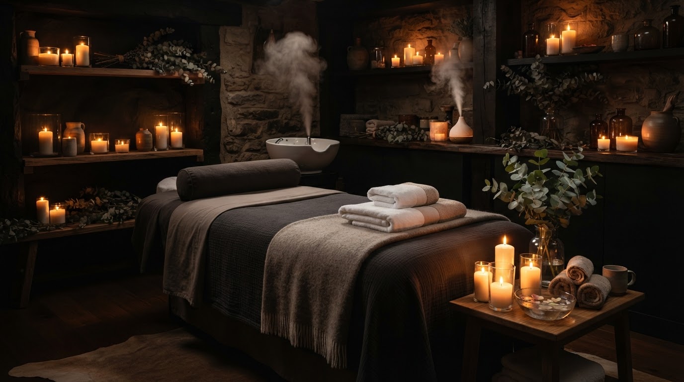Dark candlelit spa treatment room