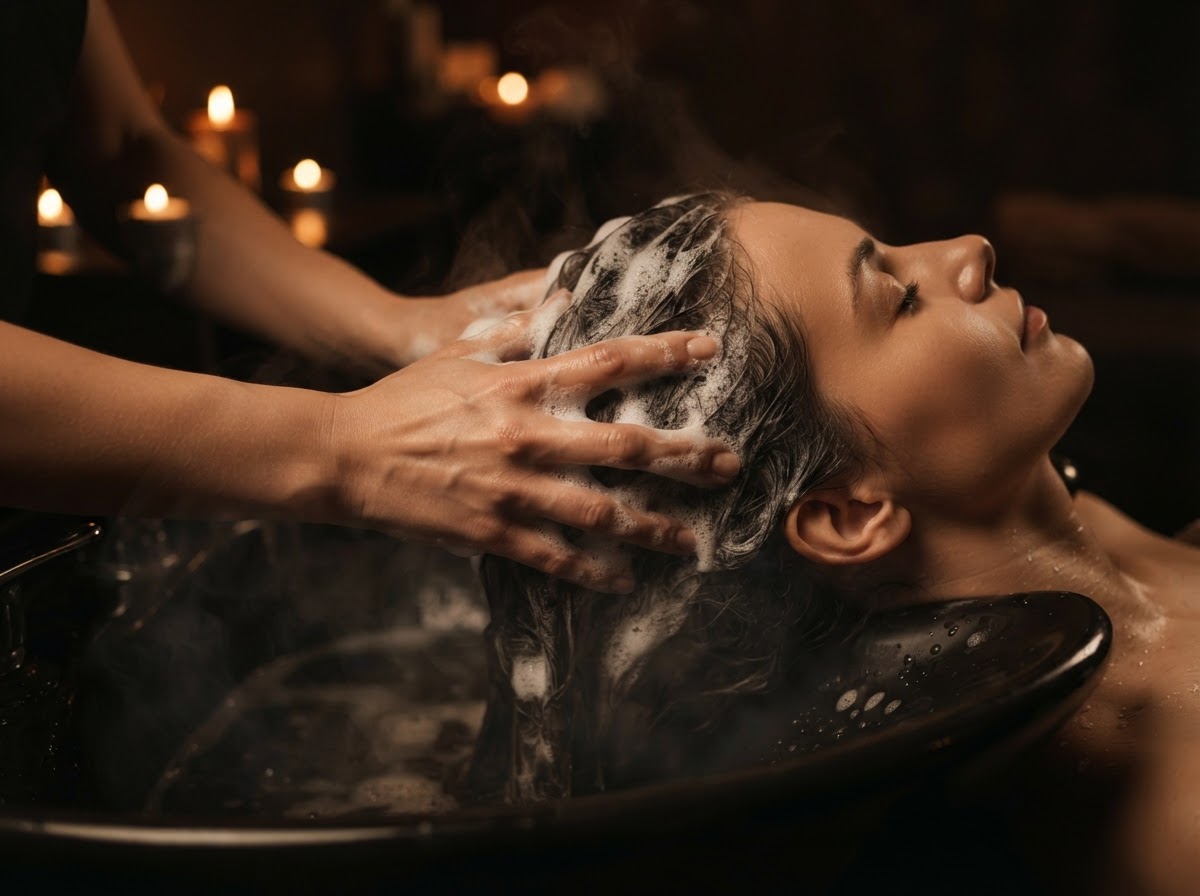 Hands gently massaging a foamy scalp in candlelight