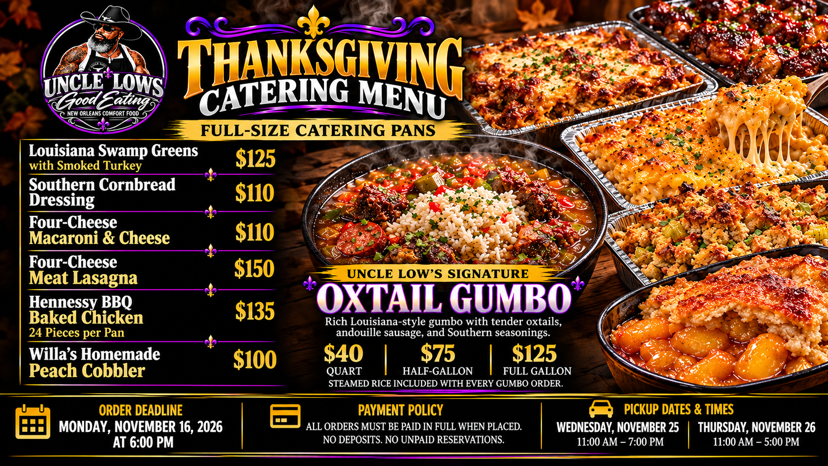 Uncle Low's Thanksgiving Catering Menu and Signature Oxtail Gumbo