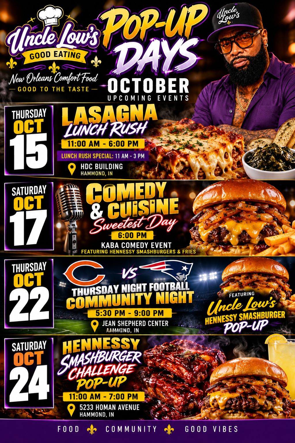 Uncle Low's Good Eating Pop-Up Days October Upcoming Events flyer featuring October 15 Lasagna Lunch Rush at HDC Building, October 17 Comedy & Cuisine Sweetest Day, October 22 Bears vs Patriots Community Night at Jean Shepherd Center, and October 24 Hennessy Smashburger Challenge Pop-Up at 5233 Homan Ave in Hammond, IN