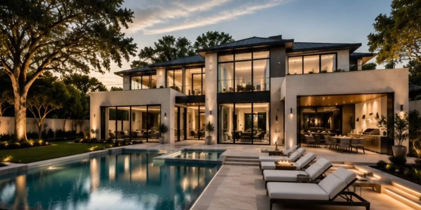Exterior pool, patio, and large-format paver installation at dusk