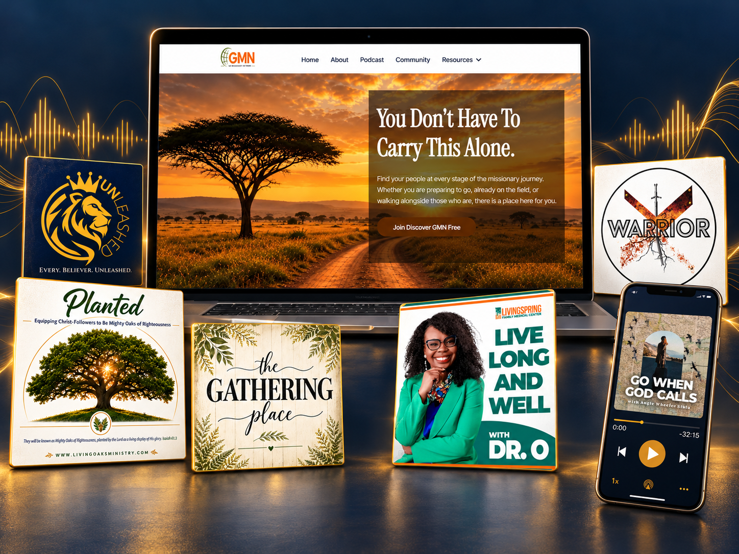 Kingdom Launchpad podcast ecosystem mockup showing a laptop with ministry website, podcast cover artworks, and mobile player