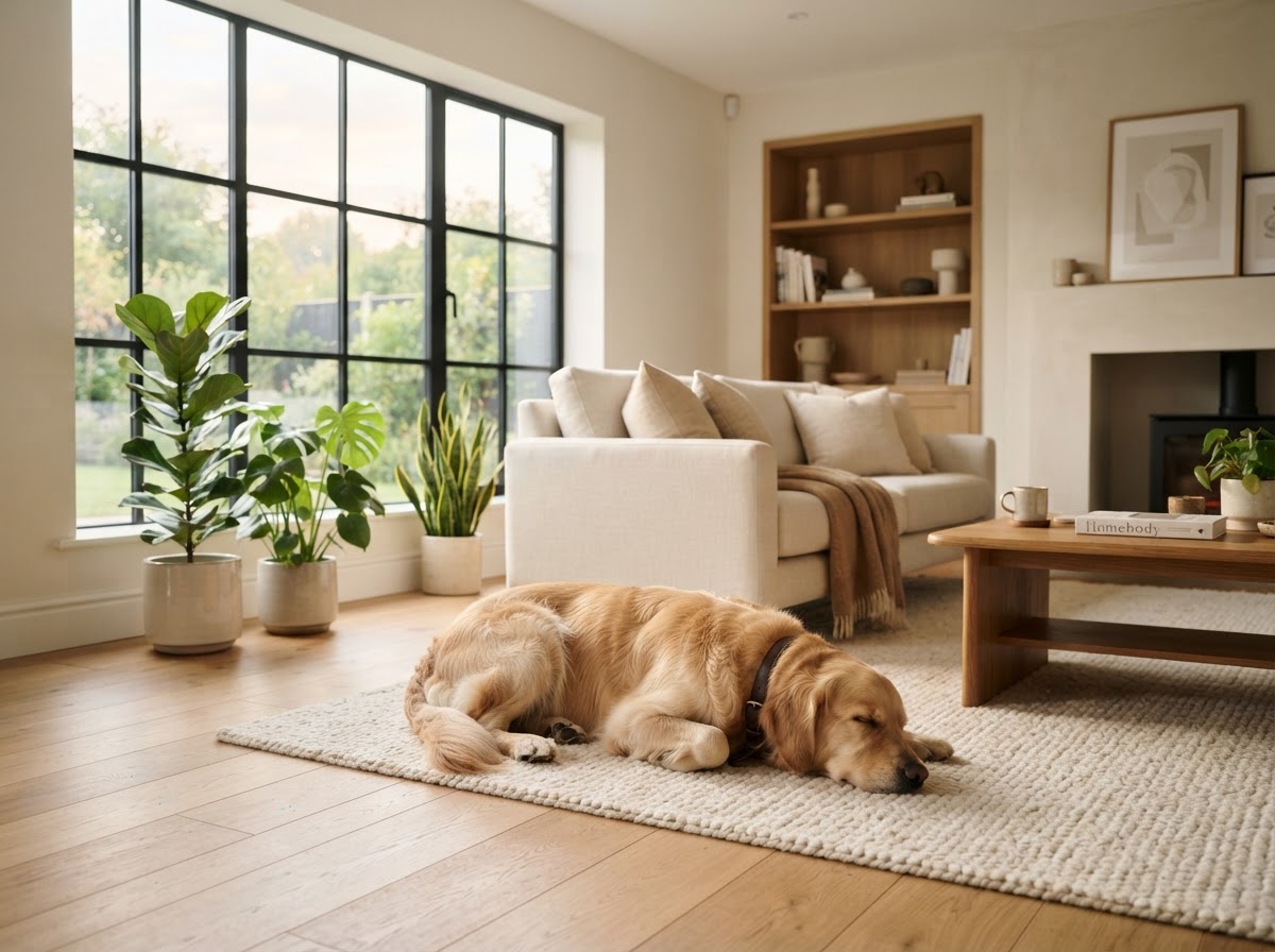 A calm golden retriever resting in a bright, clean family living room.