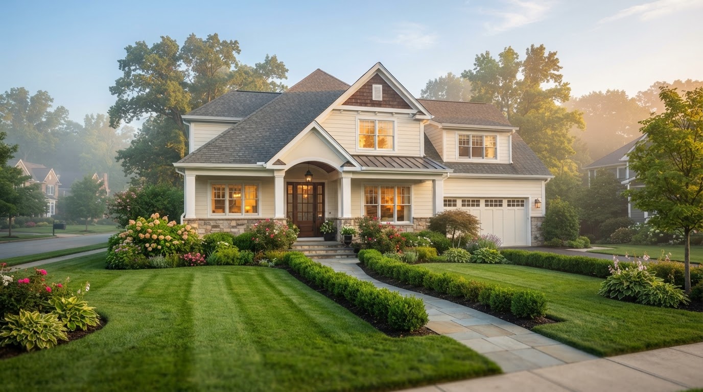 A calm, well-kept family home at golden hour — protected, not panicked.