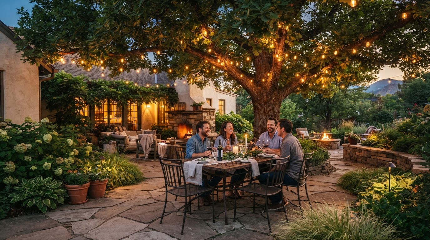 West Denver Shaded Backyard Dining with String Lights