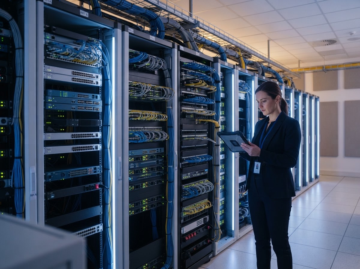 Security analyst monitoring computer screens in a cybersecurity operations environment