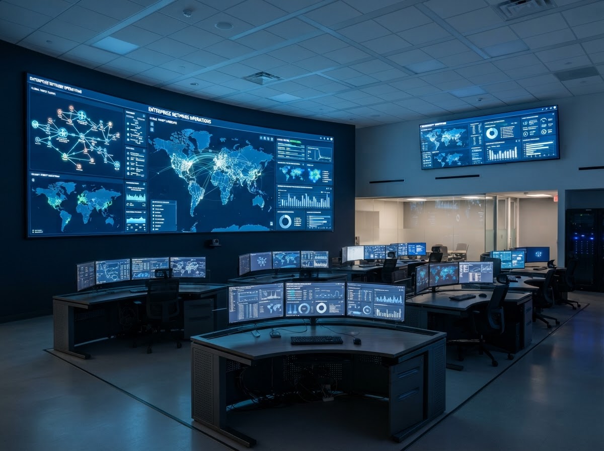 Modern enterprise network operations center with security monitoring displays in restrained blue tones