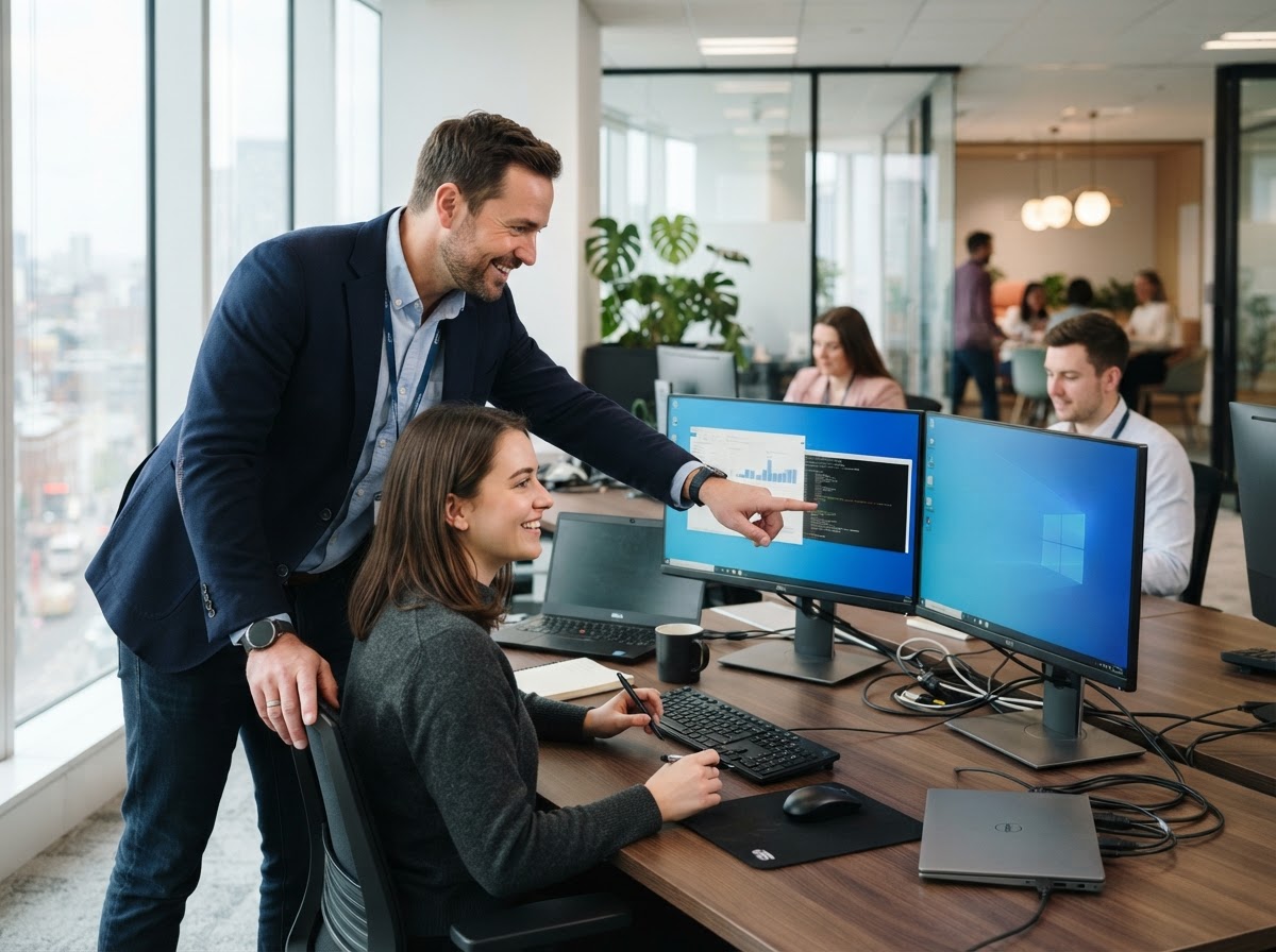 Professional IT support specialist working with business systems and computer monitors