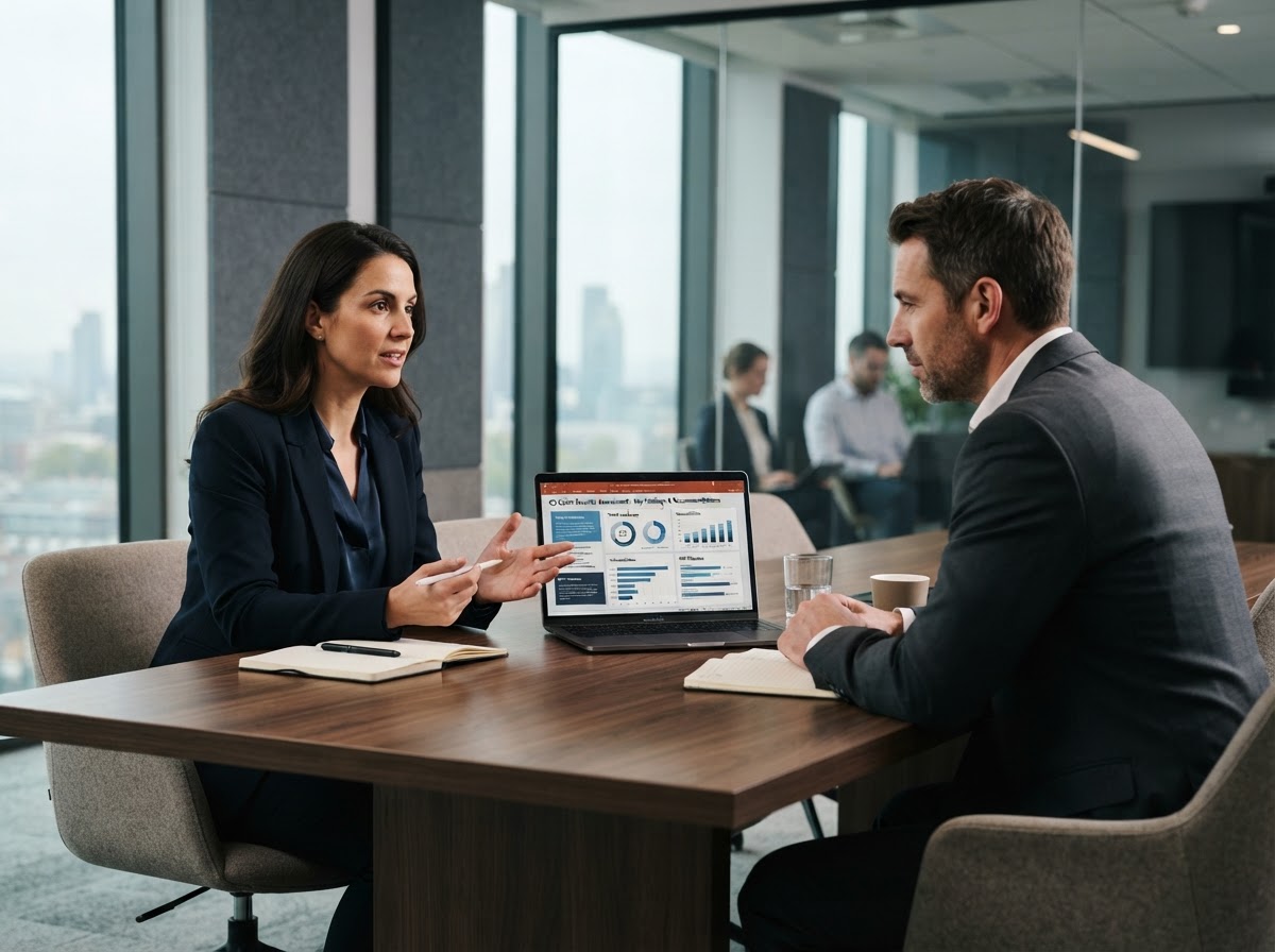 A technology advisor reviewing a security assessment with a client