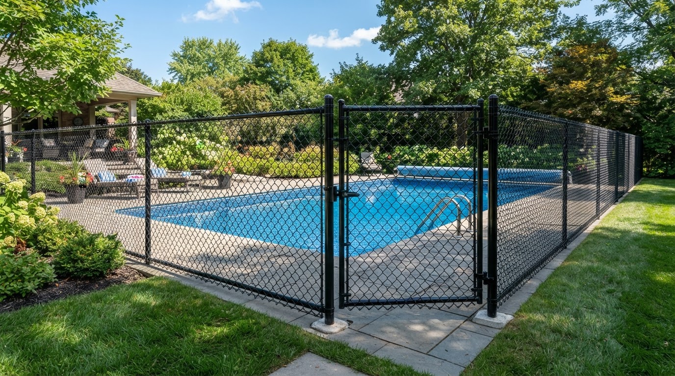 Black vinyl coated chain link fence around a backyard in Penetanguishene