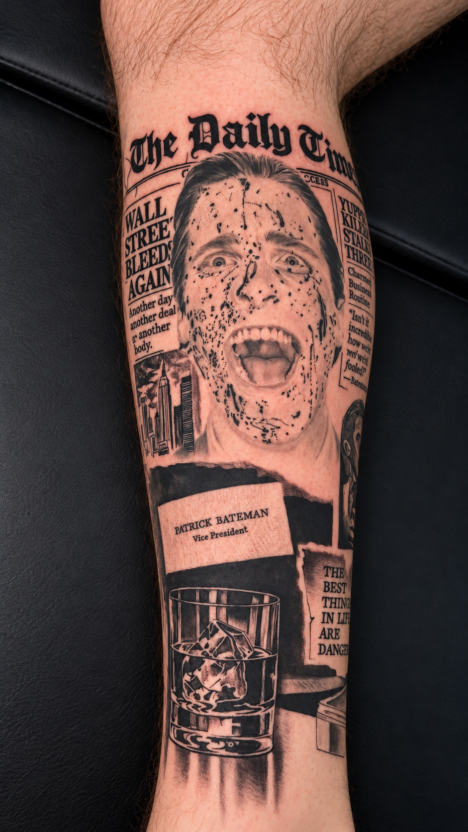 Black and gray portrait tattoo with newspaper-style text and collage details
